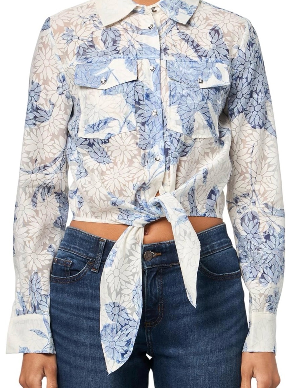 Guess Adelaide Dreaming Lilies, Floral Tie-Front Blouse. XS NWT